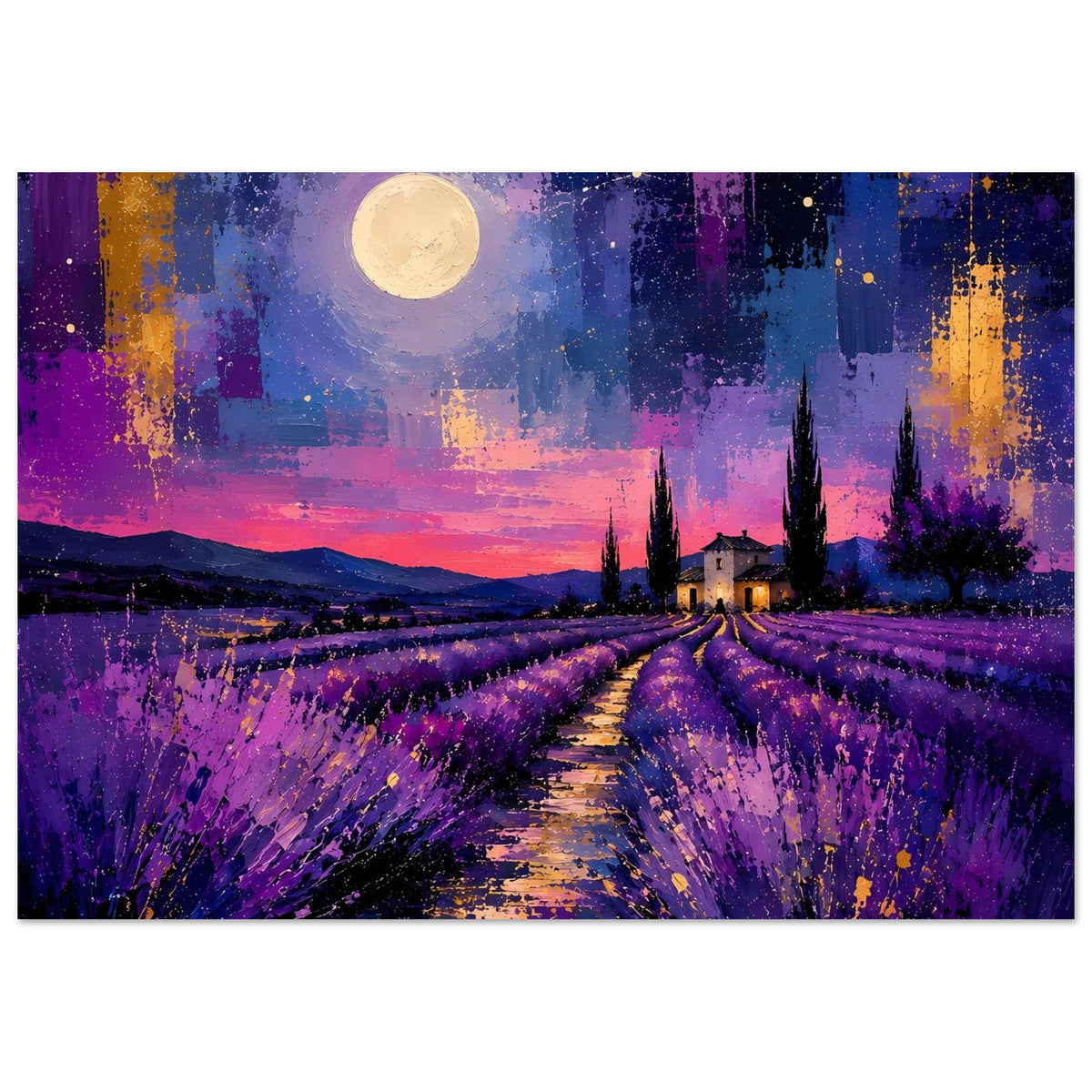 Poster: Lavendelfeld mit Weg und Zypressen, Vollmond über violettem Sonnenuntergang