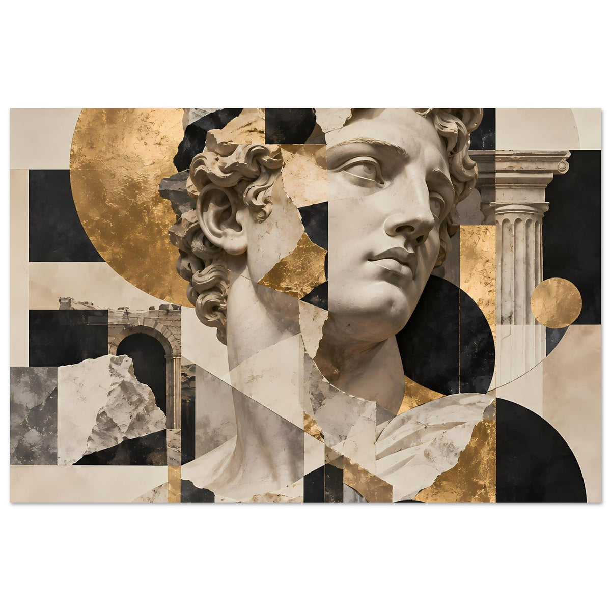 Kunstposter querformat mit Statuenporträt, goldenen Details und marmorierten Collage-Elementen