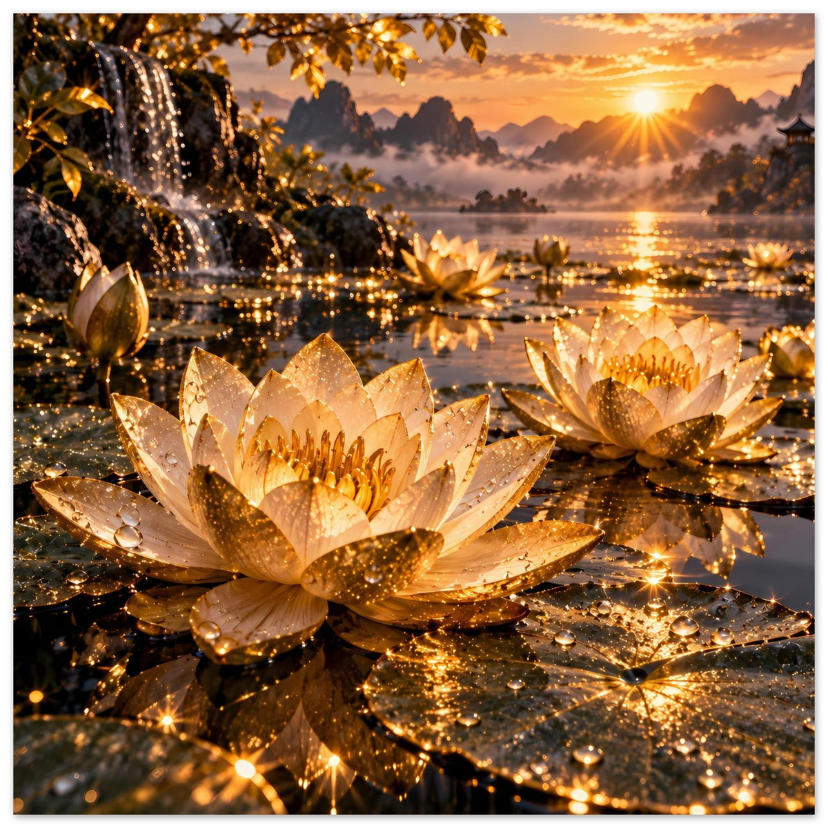 Poster-Close-up: goldene Lotusblüten mit Glitzerregen und Sonnenuntergang am See