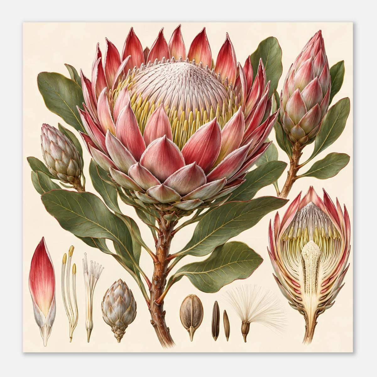 Poster mit Protea-Blumenillustration, große Blüte mittig und mehrere Seitenansichten daneben