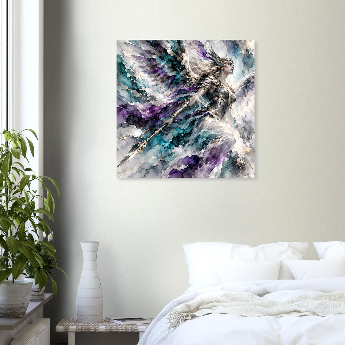 Fantasy-Poster mit Kriegerengel in Blau und Violett, wehende Gewand- und Federflügel