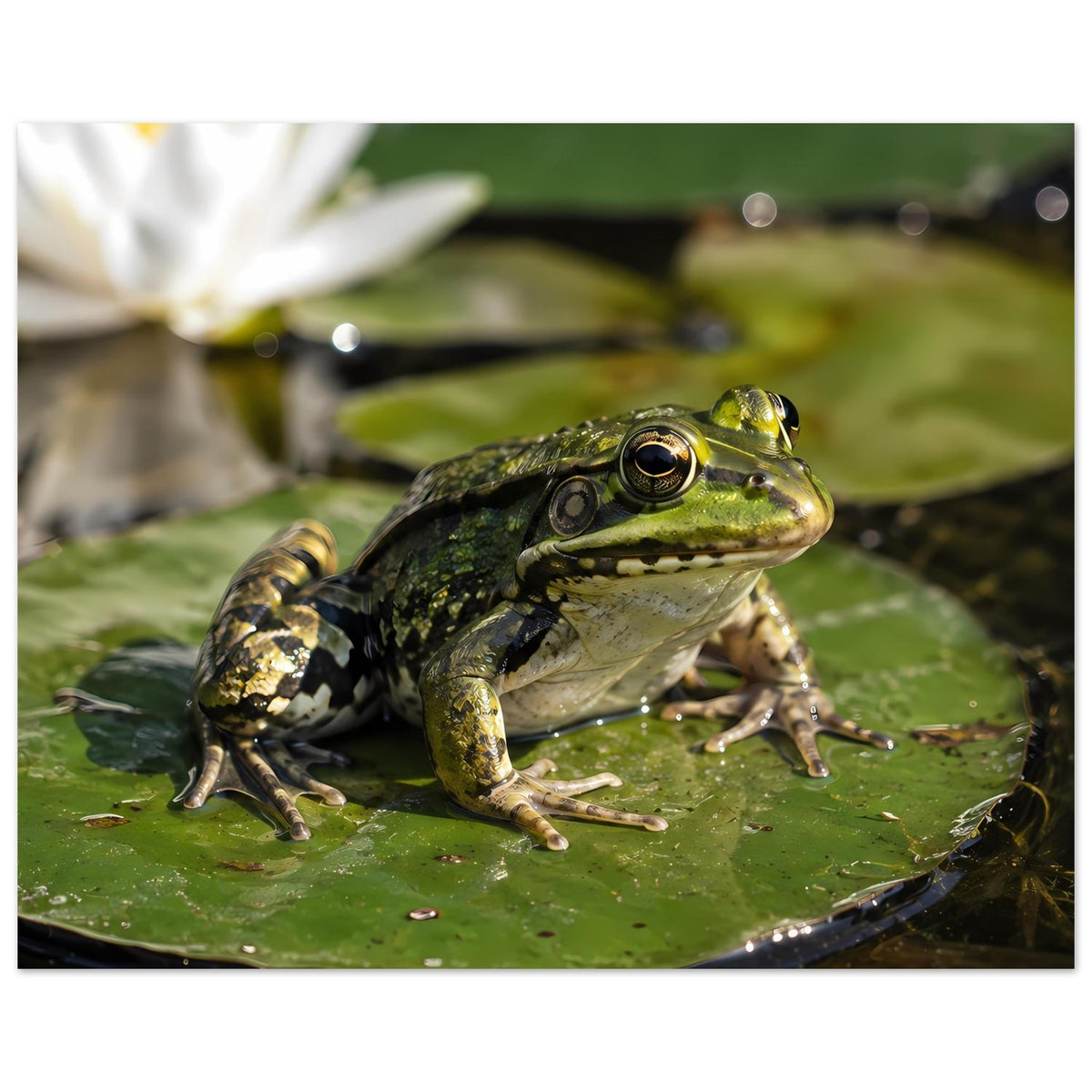Poster: grüner Frosch auf Seerosenblatt, klare Darstellung von Augen und Hinterbeinen