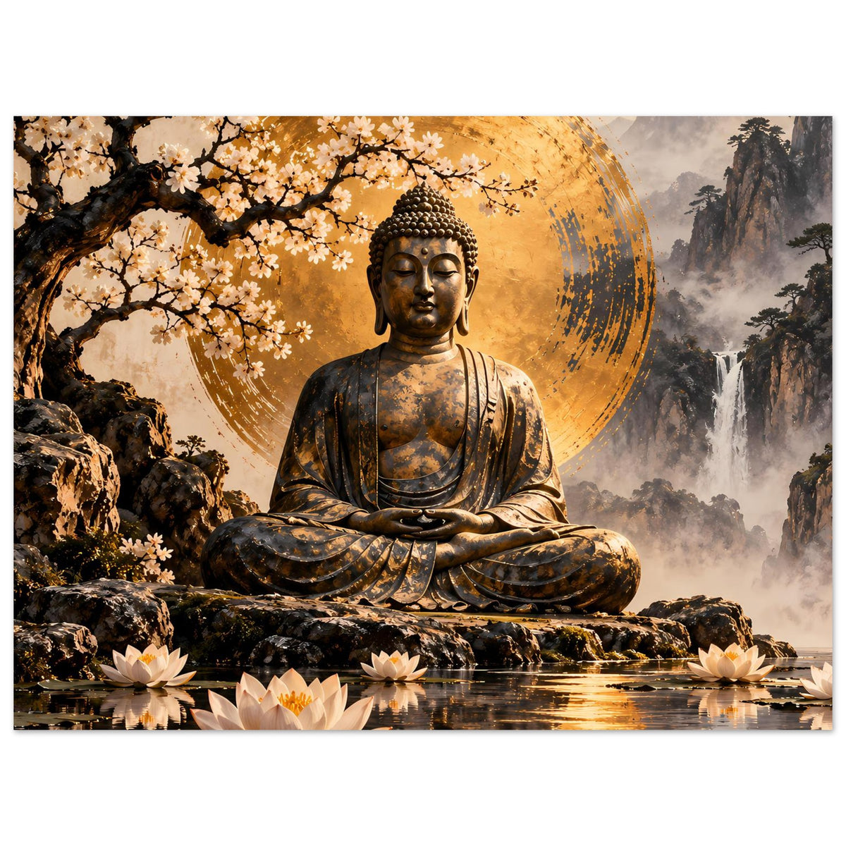 Querformat-Poster mit sitzendem Buddha, goldener Aura, Kirschblüten und Lotus am Wasser