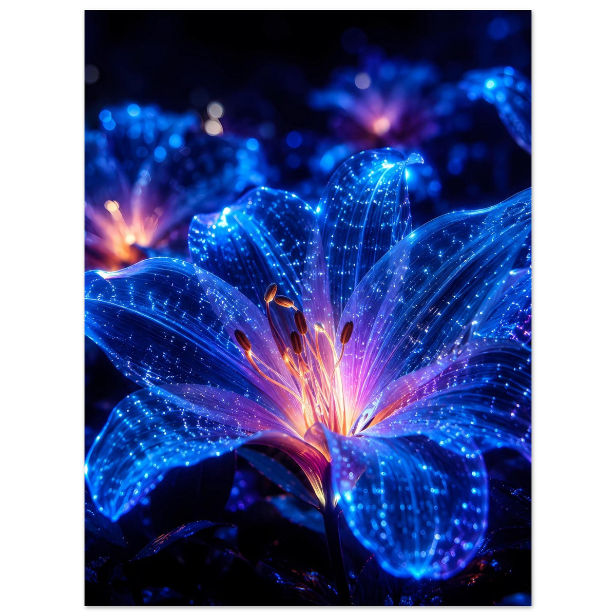 Leuchtendes Blumenposter, vertikal: blaue Lichtblüten mit schimmernden Punkten und warmem orangefarbenem Kern