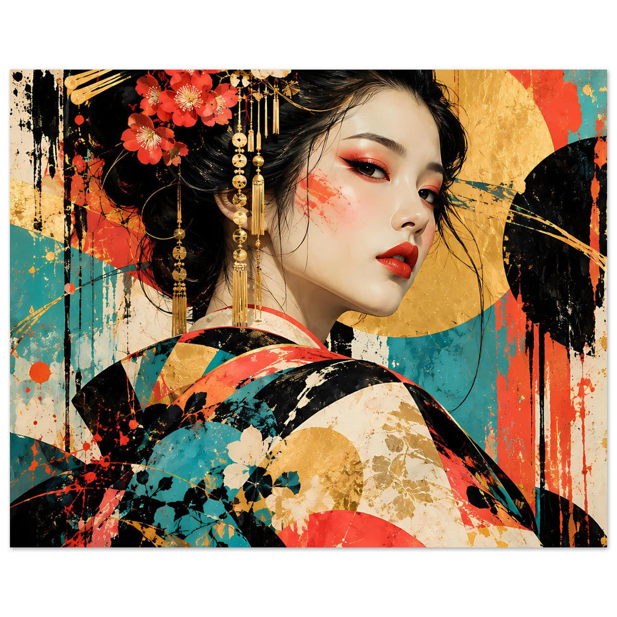 Kunstposter im Querformat mit Geisha-Porträt, roten Blumen, goldenen Schmuckdetails und Farbspritzern