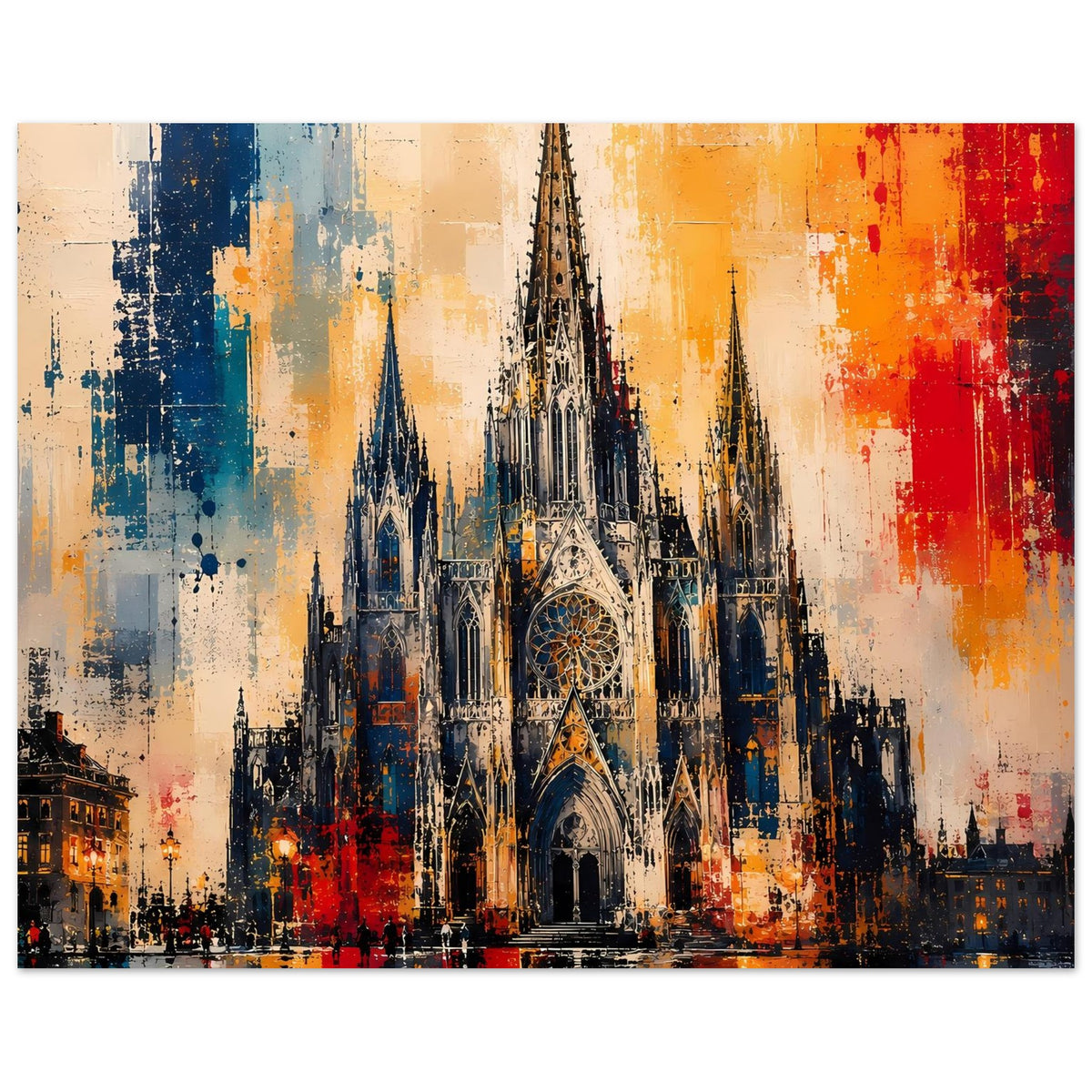 Poster mit gotischer Kathedrale, Farbverlauf und Spritzer in Blau, Gelb und Rot, rechteckige Ansicht
