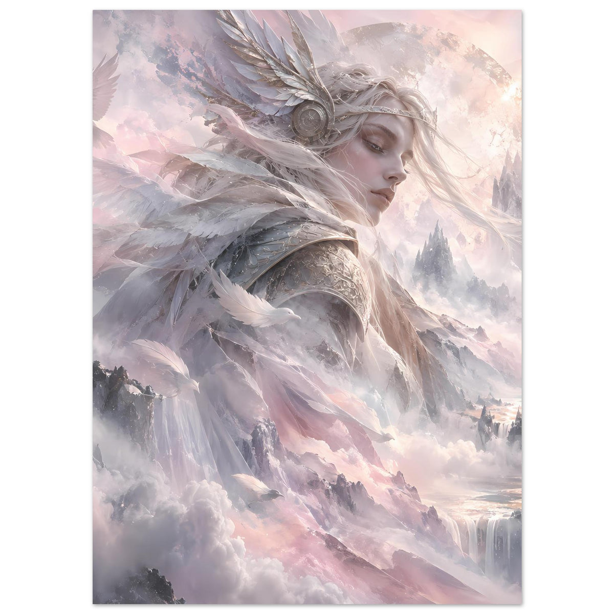 Senkrechtes Fantasy-Poster mit Seitenprofil der geflügelten Kriegerin, Federhelm im Nebel