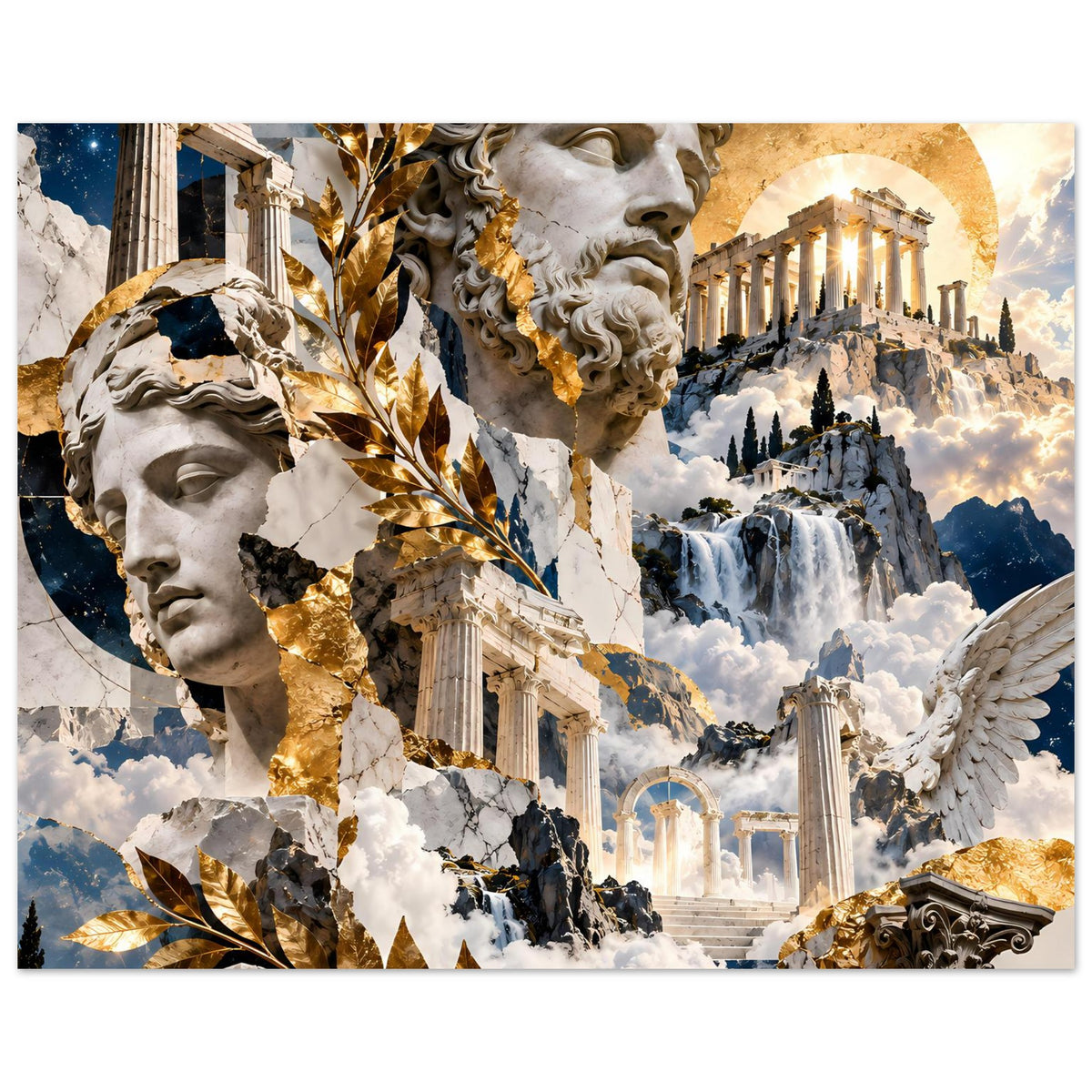 Poster mit griechischer Mythologie-Collage: Steinporträts, Tempelsäulen, goldene Blätter