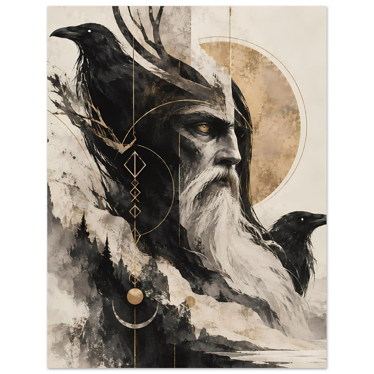 Kunstposter: Weiser im Profil mit Rabe, Halbmond, stilisierte Berge und Wald