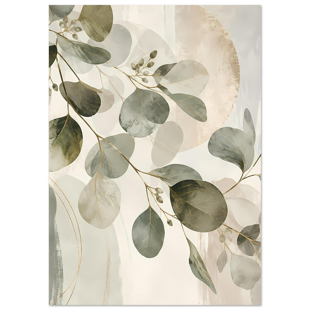 Botanisches Poster mit ovalen Blättern und Zweigen, ruhige Farbtöne aus Grün und Beige