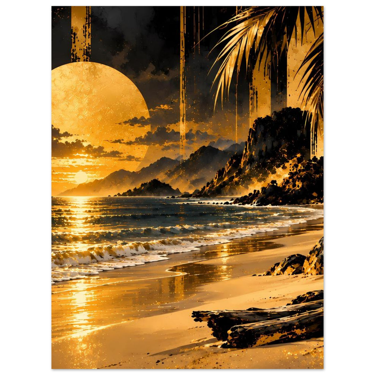 Kunstdruck-Poster, breites Hochformat: goldener Strand bei Sonnenuntergang, Palmen