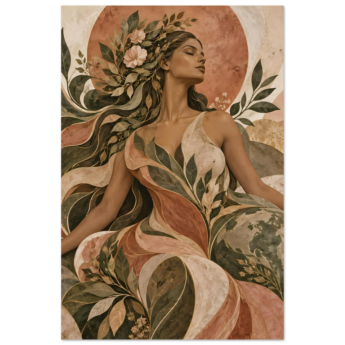 Kunst-Poster im Hochformat: Fraufigur zwischen Blättern und Blüten, Erdtöne