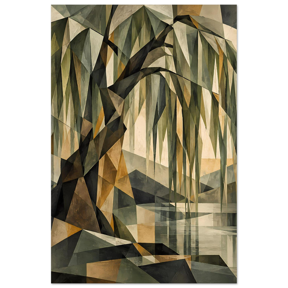 Geometrisches Poster mit abstrahiertem Baum aus Dreiecken in Grün-, Beige- und Grautönen