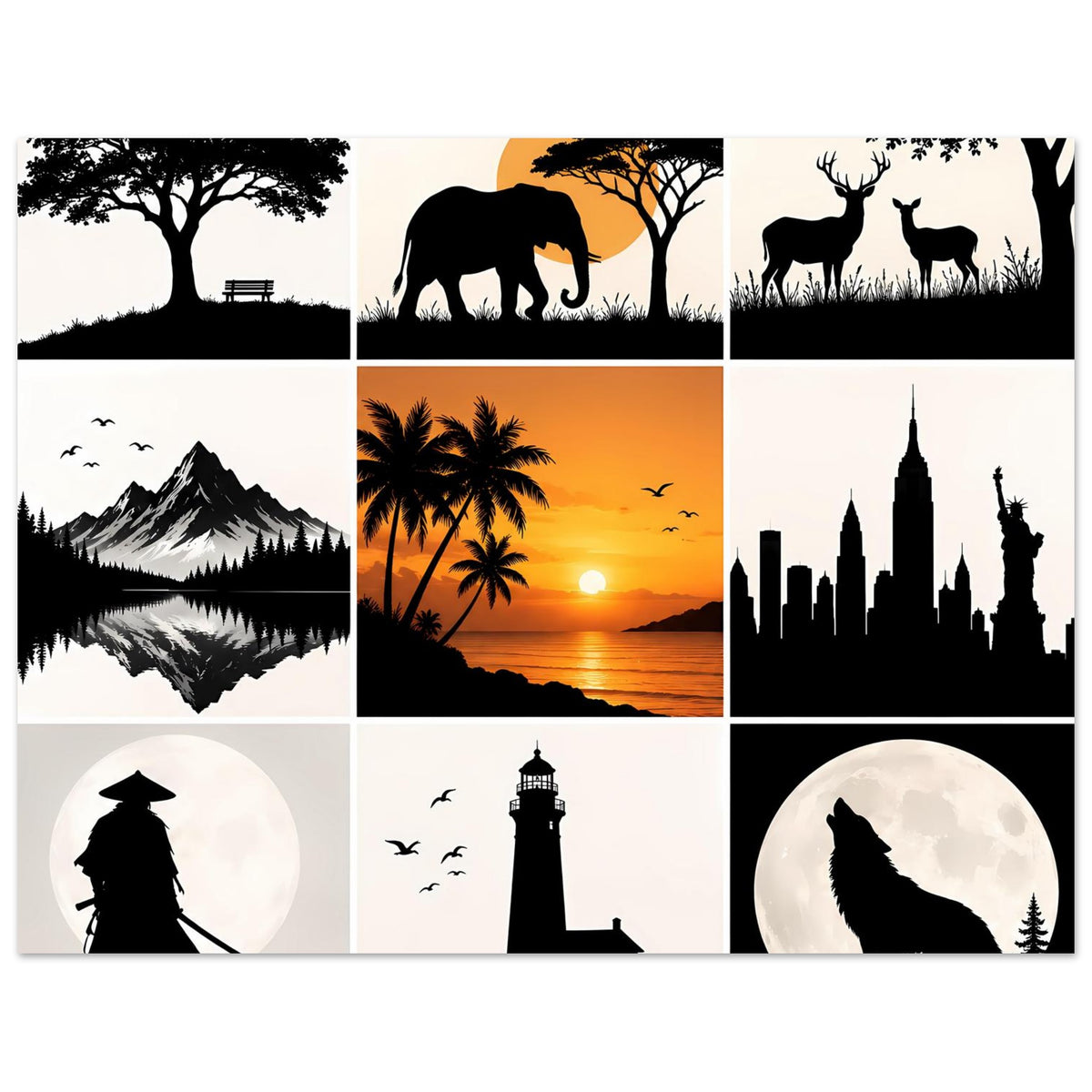 Kunstdruck-Collage: Elefant, Hirsche, Mondkreis, Stadt-Skyline und Leuchtturm