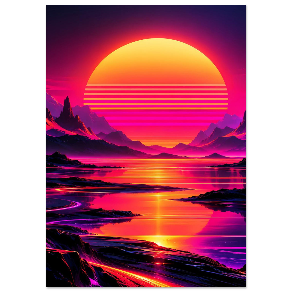 Neon-Poster im Hochformat mit gelber Sonne, buntem Himmel, Bergen und leuchtendem Fluss.
