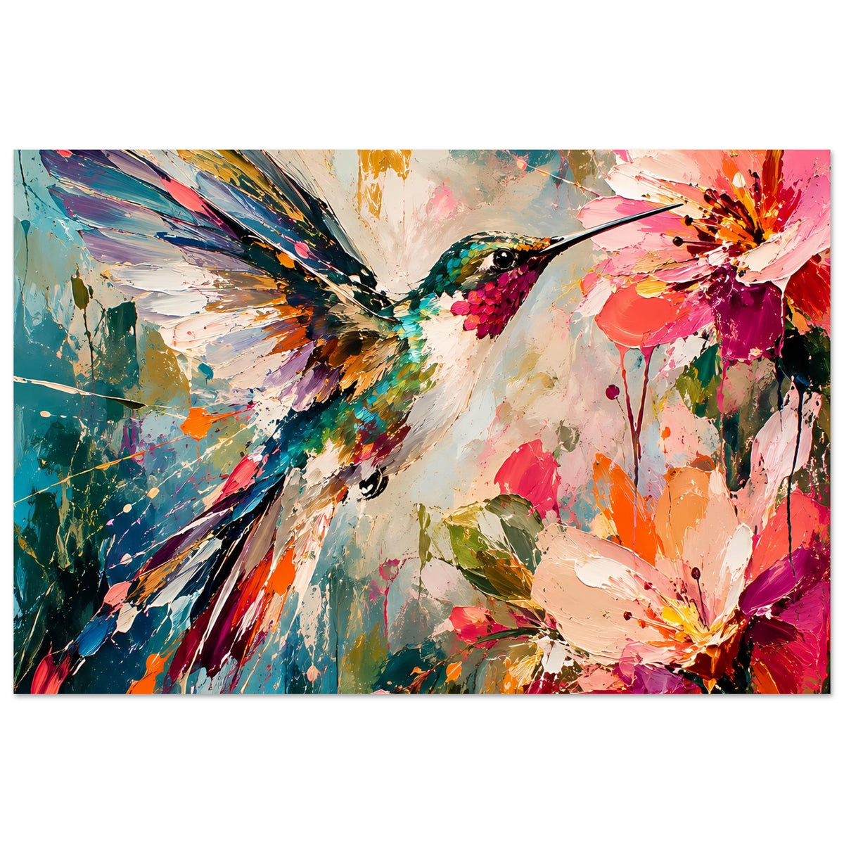 Kunstdruck mit Kolibri und Blüten, leuchtende Farbflecken und Pinselstriche, Querformat