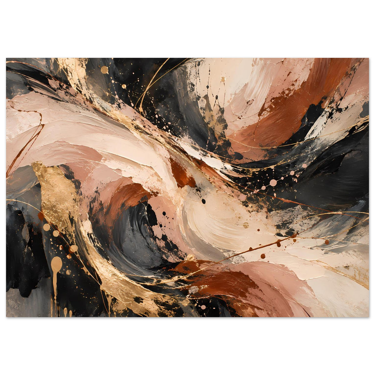 Abstraktes Kunstposter mit großen Pinselstrichen in Creme, Rostbraun, Schwarz und Gold