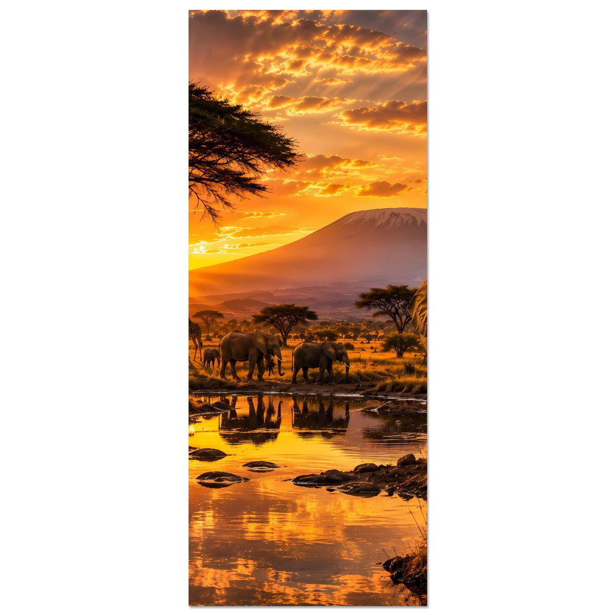 Hochformatiges Premium Poster: Elefant, Zebra und Giraffen bei Sonnenuntergang über dem Fluss