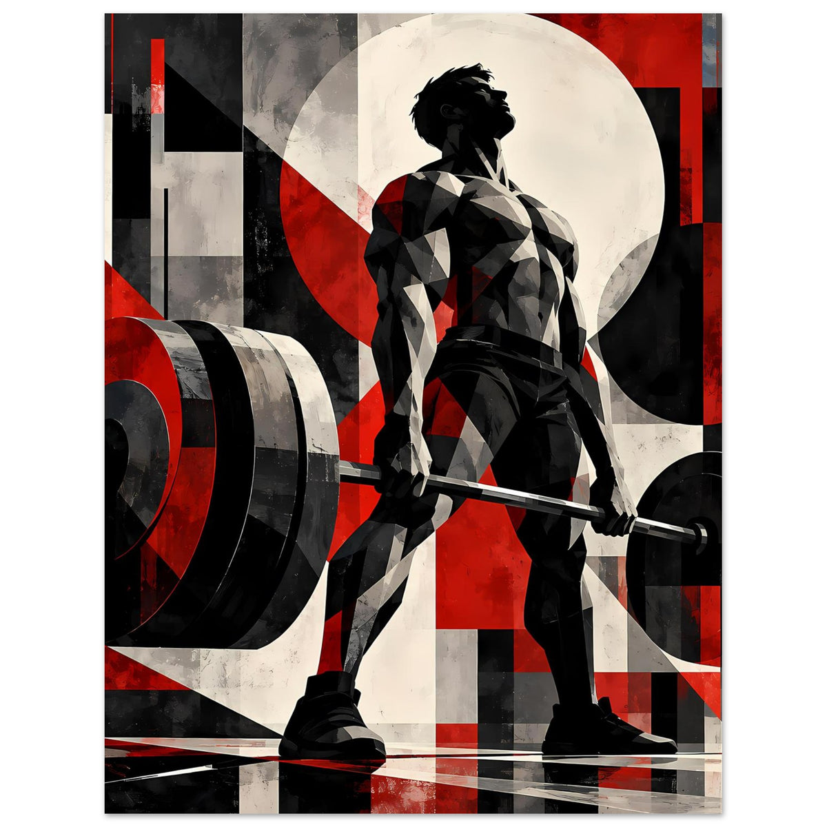 Fitnessposter im Hochformat mit Hantelstange und Schuhen des Kraftsportlers, rot