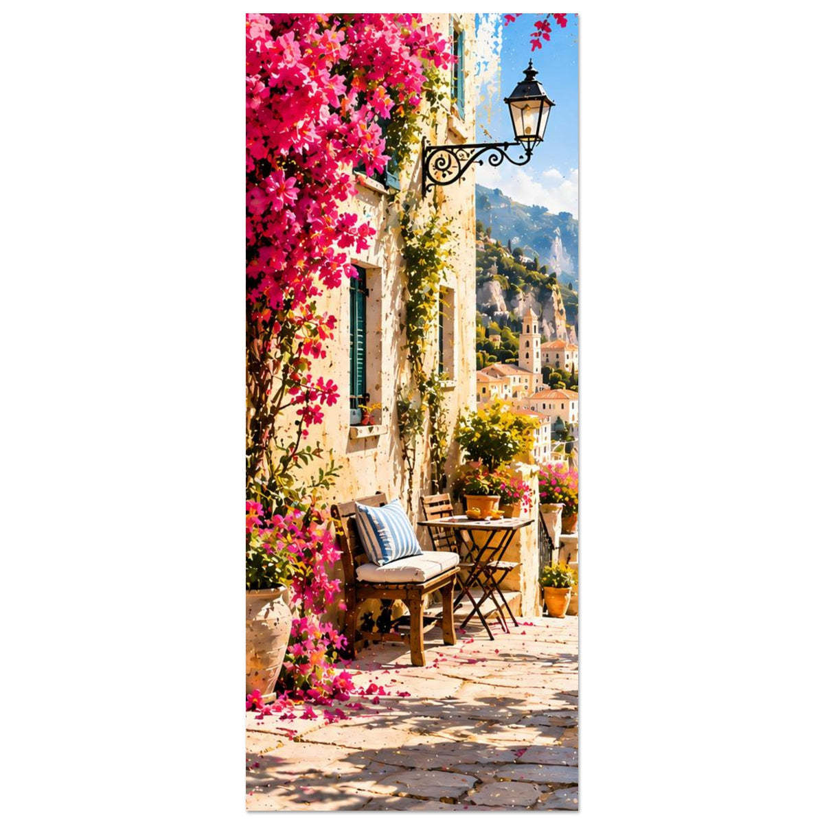 Mediterranes Hochformat-Poster mit Gasse, pinken Blüten und Meerblick