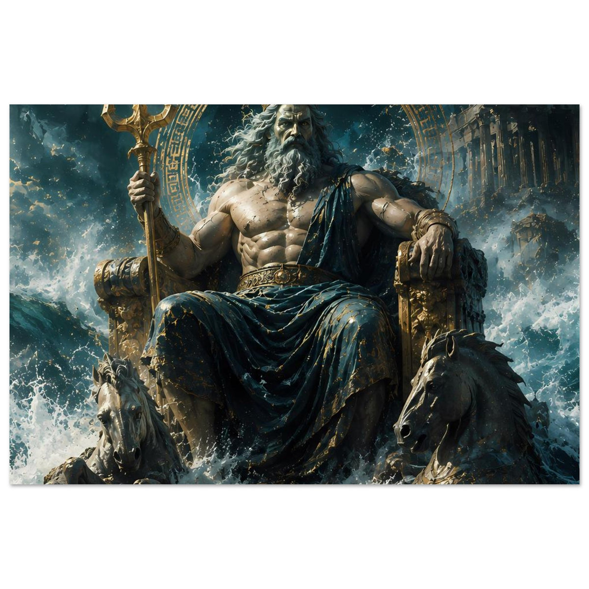 Poster mit Meeresgott Poseidon auf Thron, Dreizack in der Hand, blauer Umhang, zwei Pferde