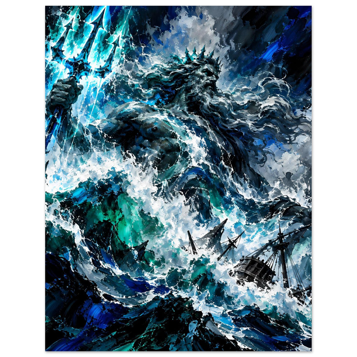Sturm-Poster mit Poseidon, zentrale Figur, schäumende Wellen und Blitze