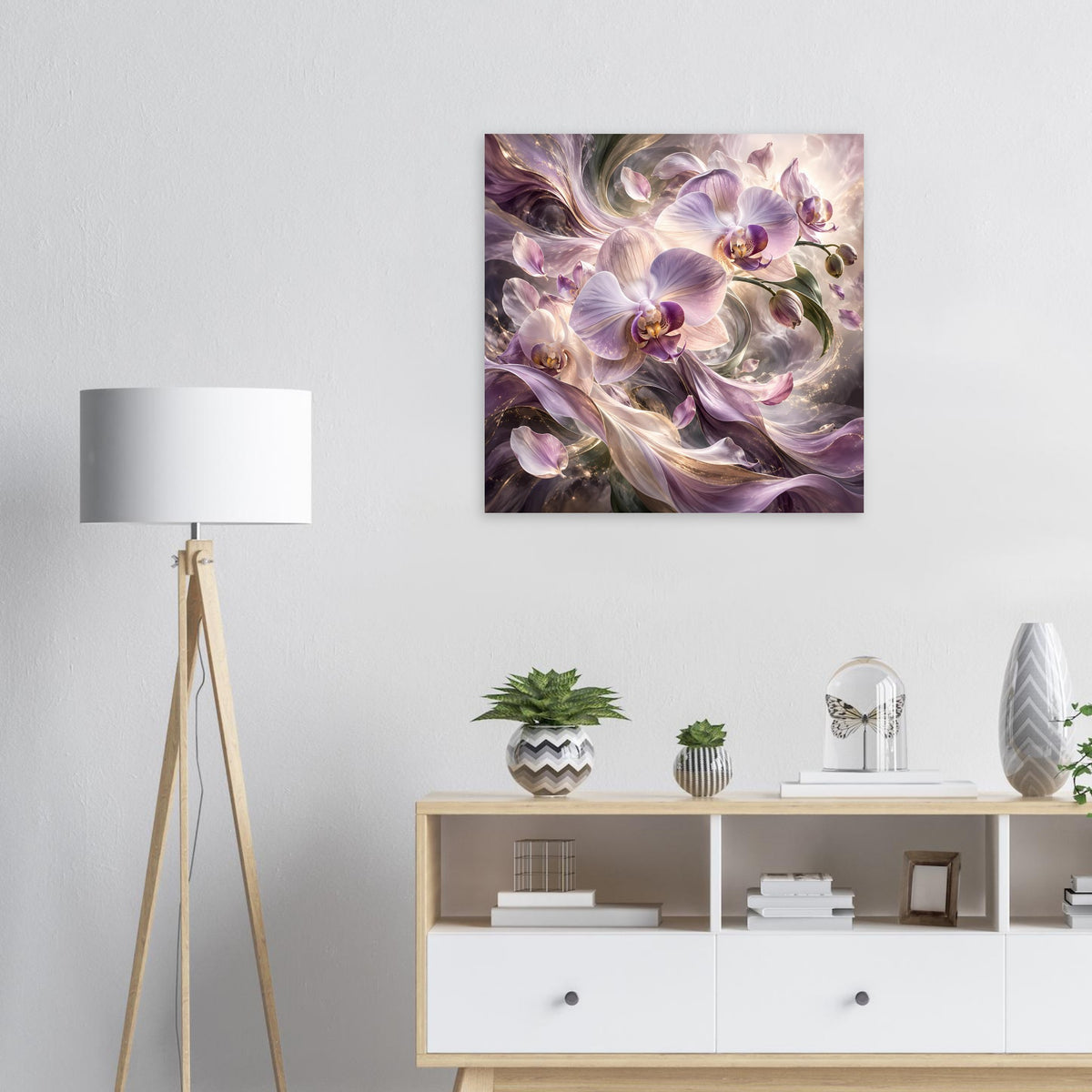 Blumenposter mit violetten Orchideenblüten in Creme- und Lilatönen, abstraktes Motiv
