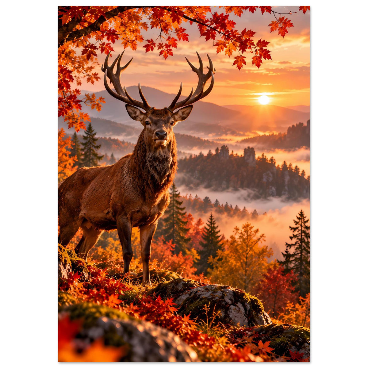 Hirsch-Poster: Geweihhirsch im Herbstwald mit orangefarbenem Laub, Sonnenuntergang, vertikal