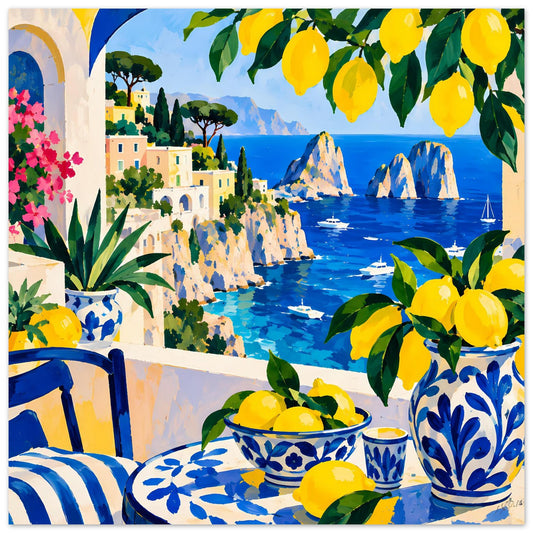Zitronen-Poster mit Blick auf die blaue Küste, italienische Häuser und Blumenschalen