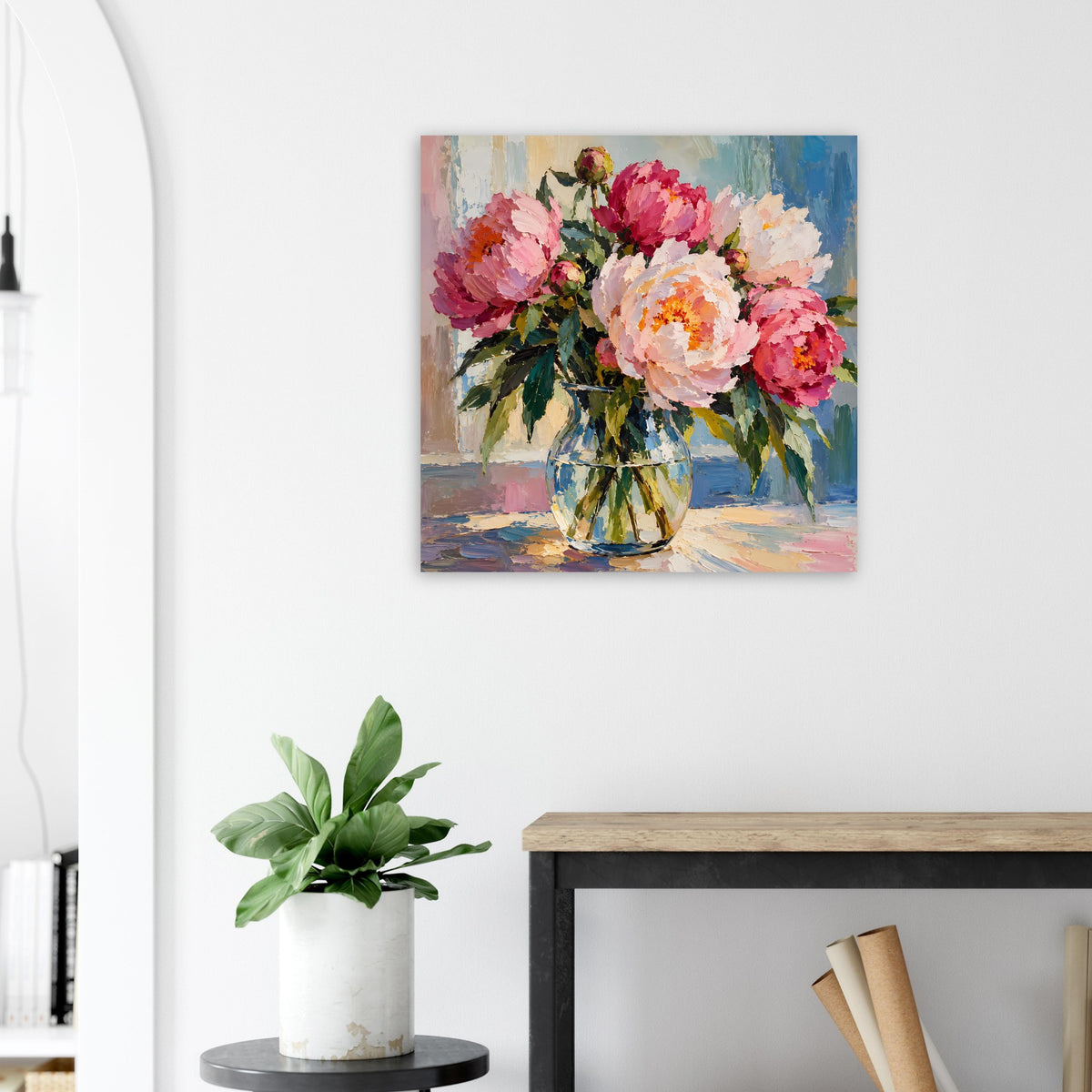 Blumenbild/Poster: rosa und pinke Blumen in blauer Vase, Ölmalerei-Look