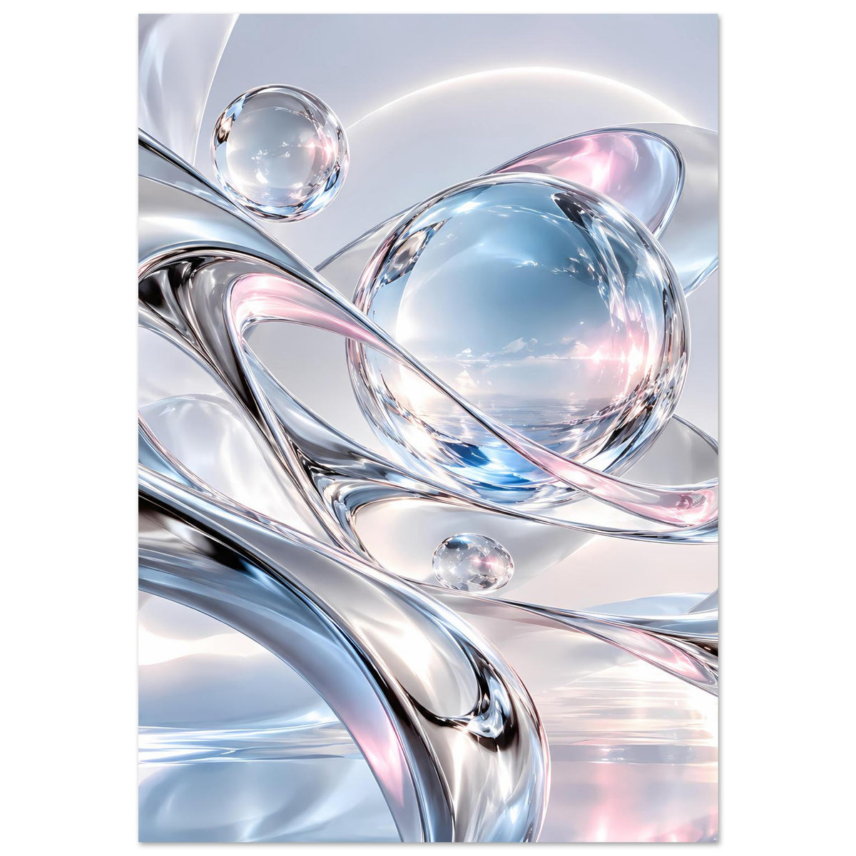 Abstraktes Kunstposter mit reflektierenden Metallbögen und durchscheinenden Kugeln in Blau