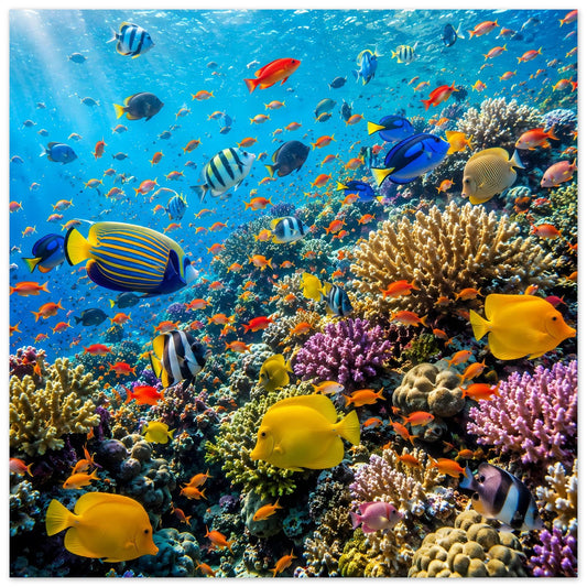 Poster im Quadratformat mit Korallenriff und bunten tropischen Fischen