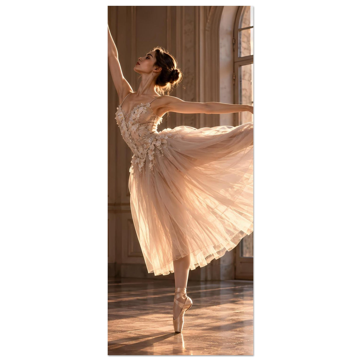 Poster: Ballerina im weißen Spitzentutu auf der Fußspitze, erhobener Arm und ausgestellt
