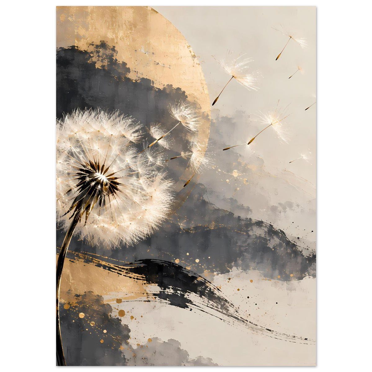 Kunstposter im Hochformat mit Pusteblume in Weiß und Gold, grauer Pinsel- und Spritzstruktur