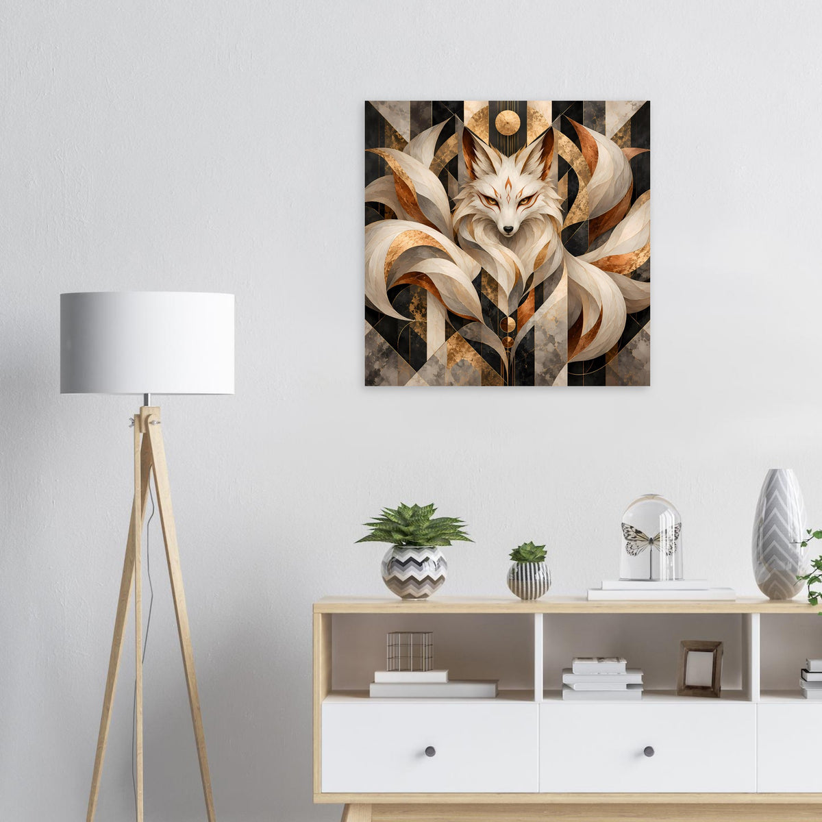 Geometrisches Fuchs-Poster in Erdtönen und Gold mit abstraktem Muster
