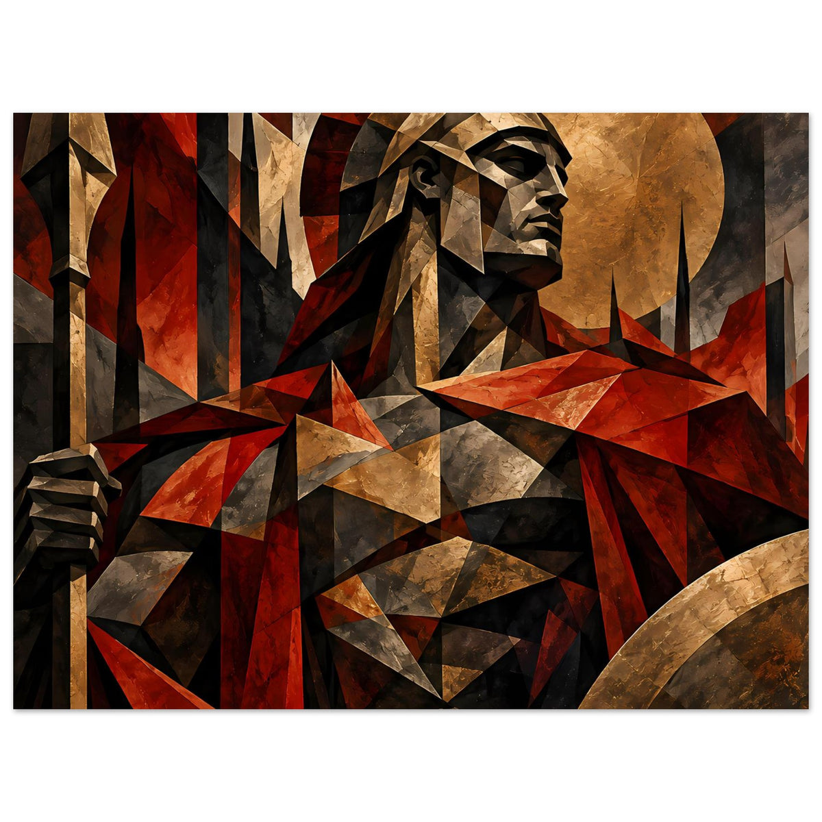 Poster mit Spartaner-Krieger, Gesicht und Waffen in rot-goldenen und grauen Dreiecken, Querformat