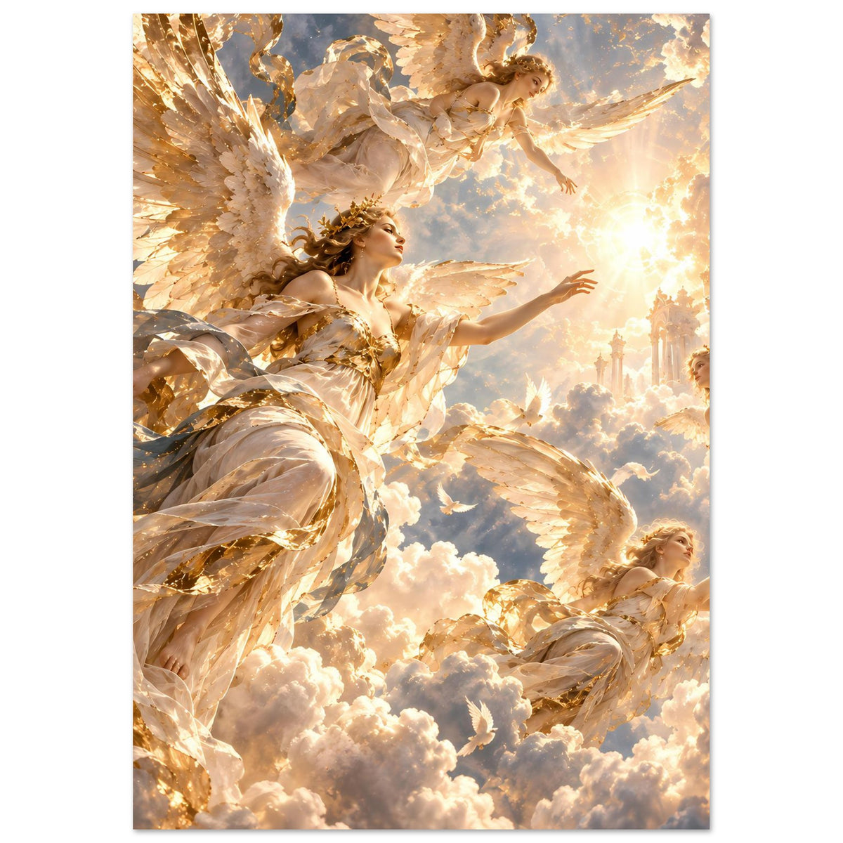 Poster mit goldenen Engelsflügeln und strahlendem Engel über einer Wolkenlandschaft
