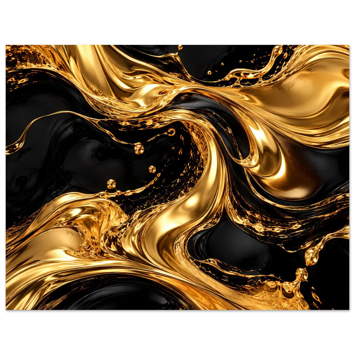 Horizontales Luxusposter: goldene Schwingungen und Farbwirbel auf tiefschwarzem Grund, glänzend.