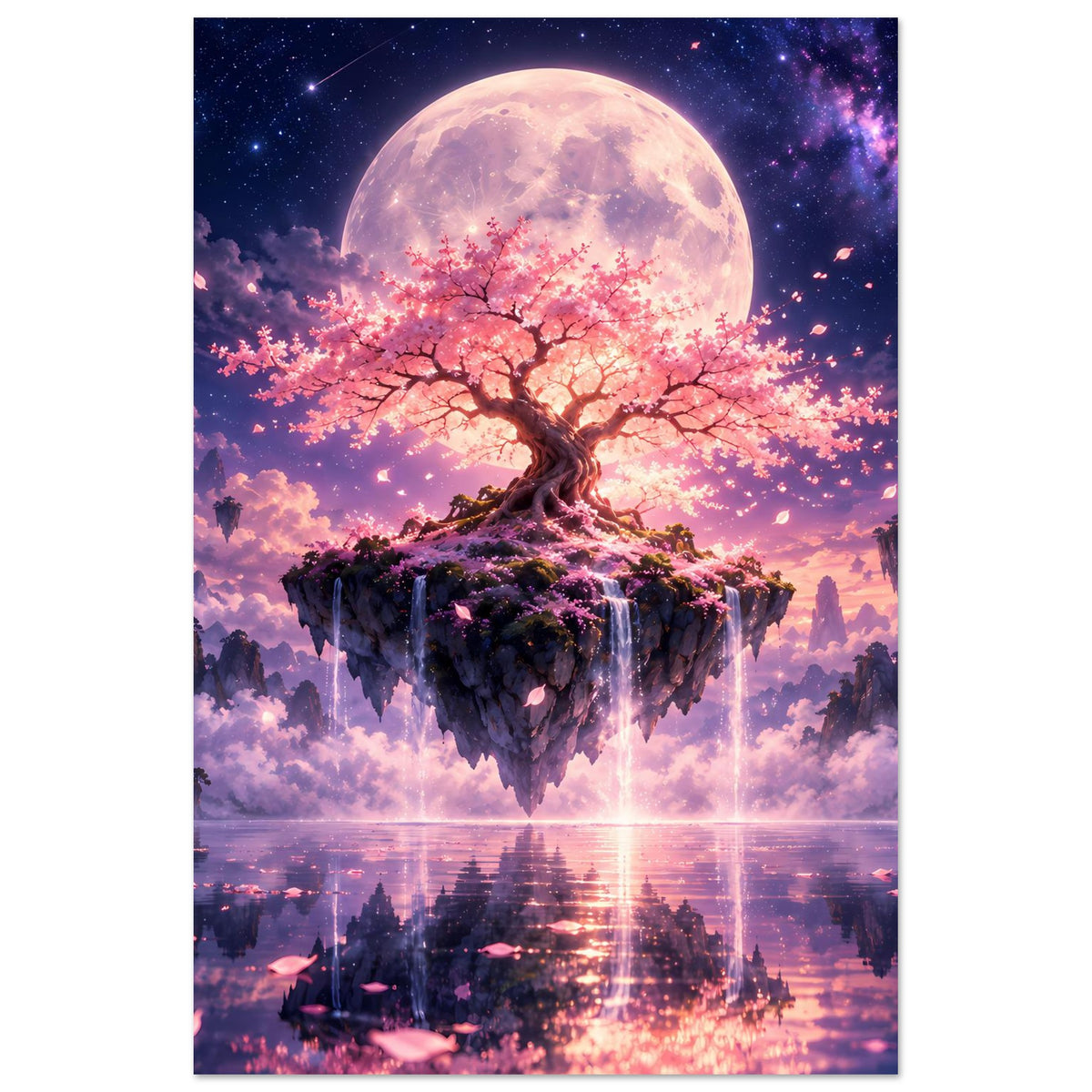 Hochformat-Poster: Kirschblütenbaum auf schwebender Insel, großer Mond im Sternenhimmel.