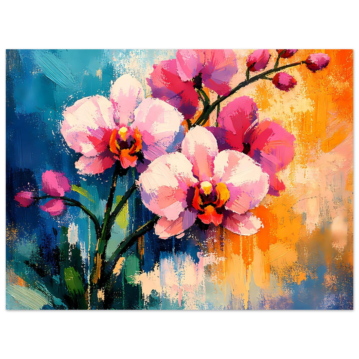 Orchideenblüten-Poster auf mattem Papier, abstrakter Blumenstrauß mit kräftigem Farbkontrast