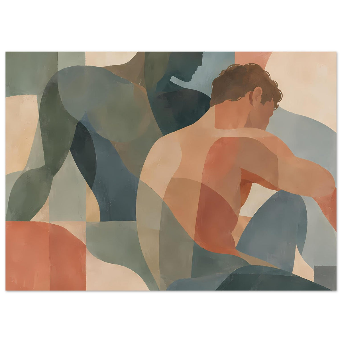 Kunstdruck mit abstrakten zwei Figuren in warmen Erdtönen, dynamische Formen, querformat