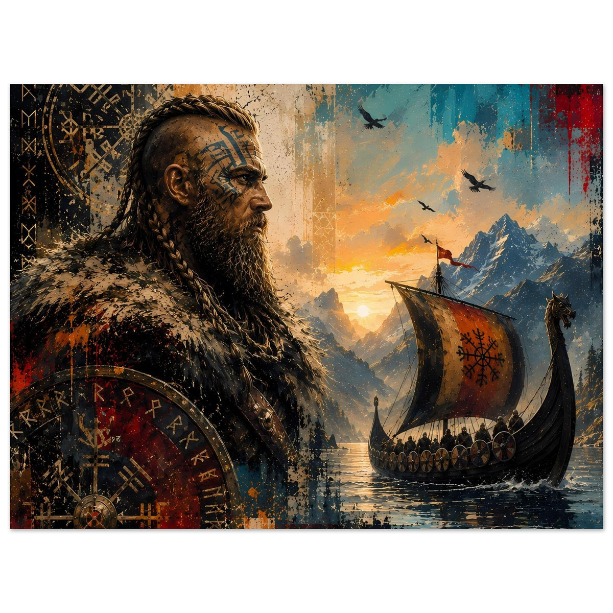 Nordisches Saga-Poster mit Wikingerschiff im Vordergrund und Wikingermann im Profil