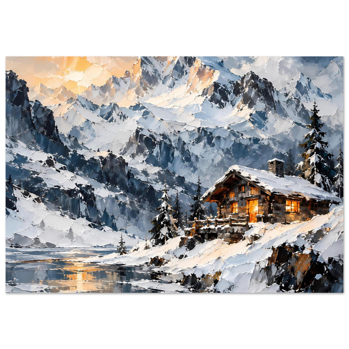 Horizontales Poster mit winterlichen Alpenbergen und warmem Licht in der Berghütte
