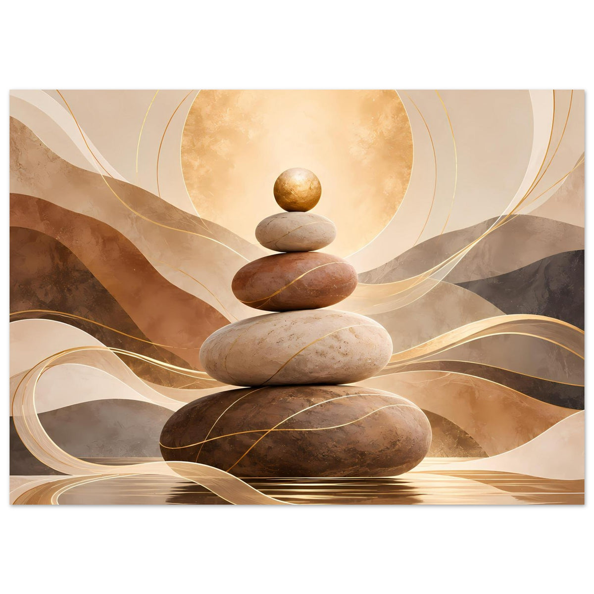 Zen-Poster im Querformat mit Steinturm, wellenförmigen Goldlinien und warmem Erdfarbenmotiv