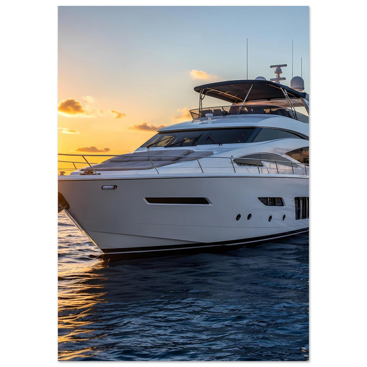 Poster mit weißer Yacht im Seitenprofil, vorderer Bereich und Aufbauten bei Abendlicht