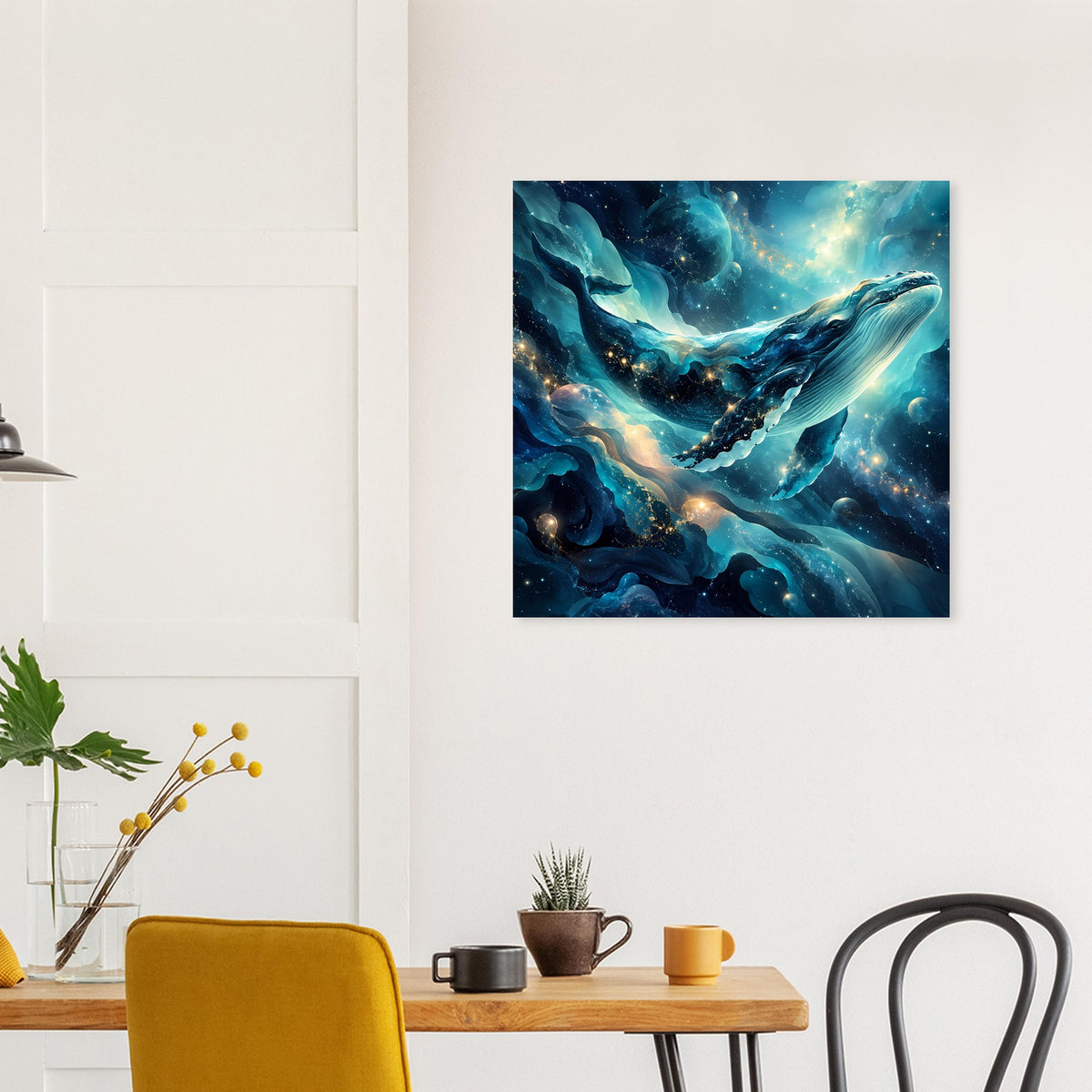 Quadratisches Wandposter: Wal zwischen türkisfarbenen Wellen und goldenen Sternen