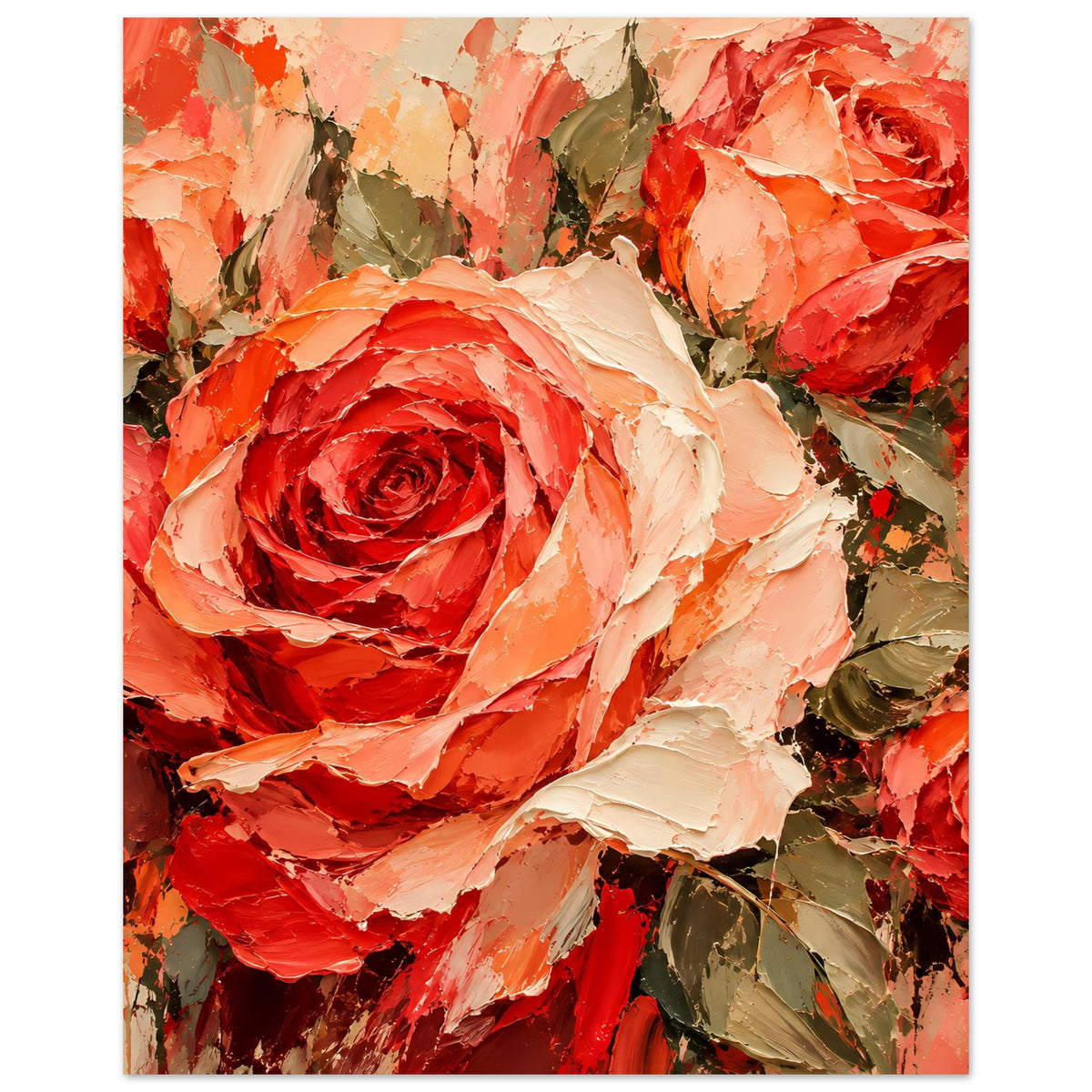 Poster mit großen Rosen in Rot-Orange und Creme, sichtbare Pinselstruktur und Blätter