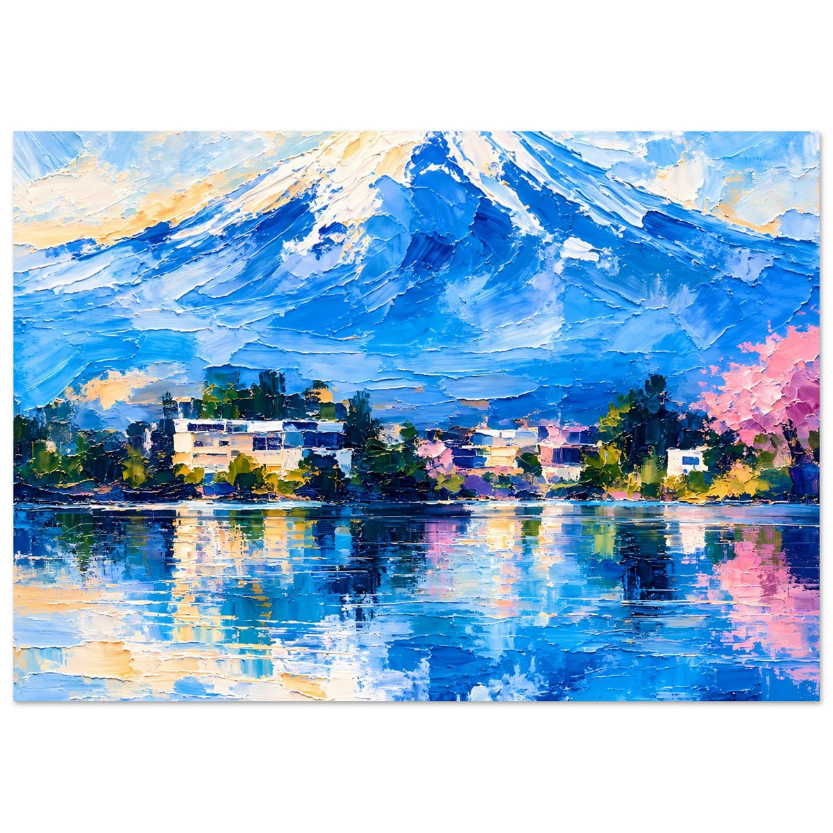 Berglandschaftsposter, horizontales Blau mit verschneitem Gipfel und See-Reflexion.