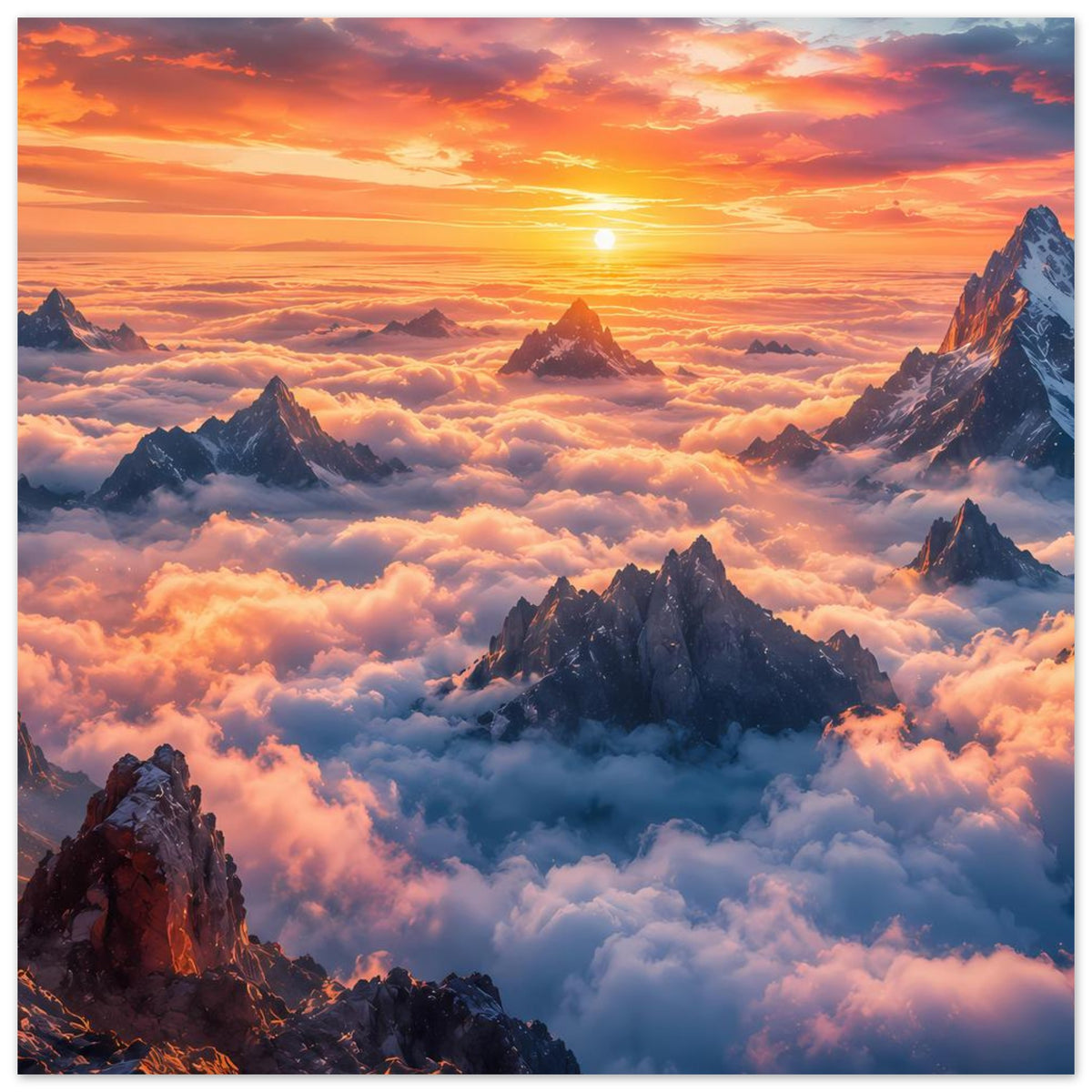 Poster mit Sonnenaufgang über Hochgebirge, Wolkenmeer und leuchtender Sonne