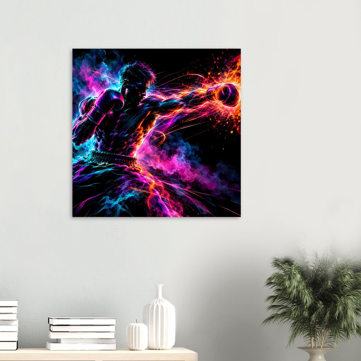 Neon-Boxer-Poster in kleiner Darstellung: Kämpfer, Boxhandschuhe, leuchtende Lichtlinien